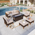 GREEN PARTY 7 Pieces Wicker Patio Furniture Set with 56' Fire Pit Table, All-Weather Outdoor Rattan Patio Sectional Sofa Conversation Set with 4' Thick Cushions for Garden, Backyard, 2 x Ottomans