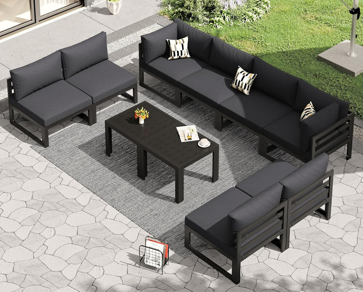 RADIATA 10 Pcs L-Shaped Contemporary Aluminum Outdoor Furniture Set, 29' Deep Wide Large Couch Set, 500 lbs High Weight Capacity Modular Patio Sectional Sofa with Side Table for Garden Yard, Dark Gray