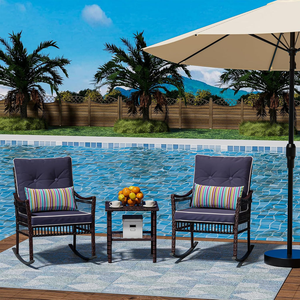 DECMICO Outdoor Rocking Chairs 3 Pieces Patio Conversation Front Porch Furniture, Wicker Bistro Set with Coffee Table for Garden and Balcony (Brown Rattan Royal Blue Cushion)