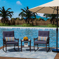 DECMICO Outdoor Rocking Chairs 3 Pieces Patio Conversation Front Porch Furniture, Wicker Bistro Set with Coffee Table for Garden and Balcony (Brown Rattan Royal Blue Cushion)
