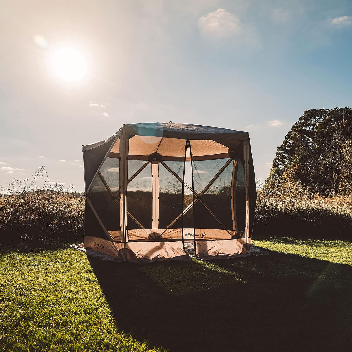Gazelle Tents™ G5 5-Sided Portable Gazebo with TriTech Mesh, Pop-Up Hub Screen Tent, Waterproof, UV Resistant, 4-Person & Table, Desert Sand, 85' x 115' x 106', GK913, Includes 3 Pack of Wind Panels