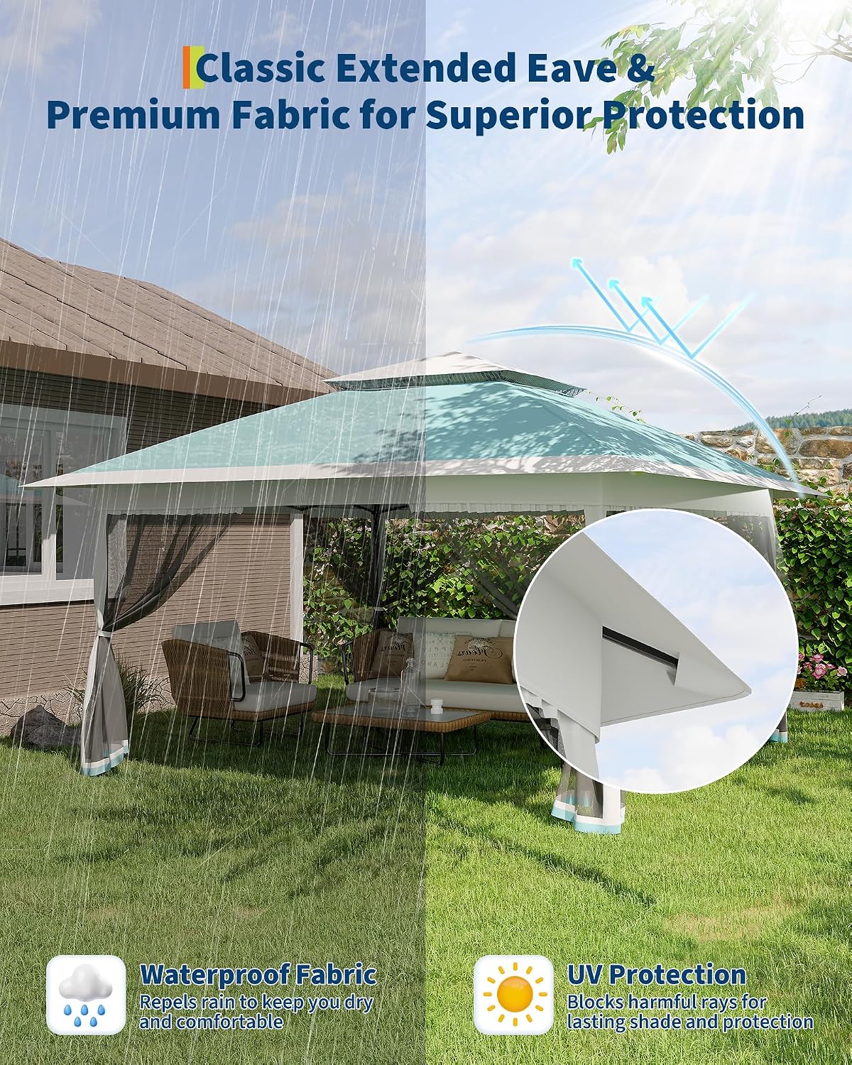Canopy Tent 13x13 ft, Pop Up Gazebo One-Push Setup with 4 SandBags for Backyard Parties and BBQs, Mosquito Netting & Height Adjustable - Lake Blue