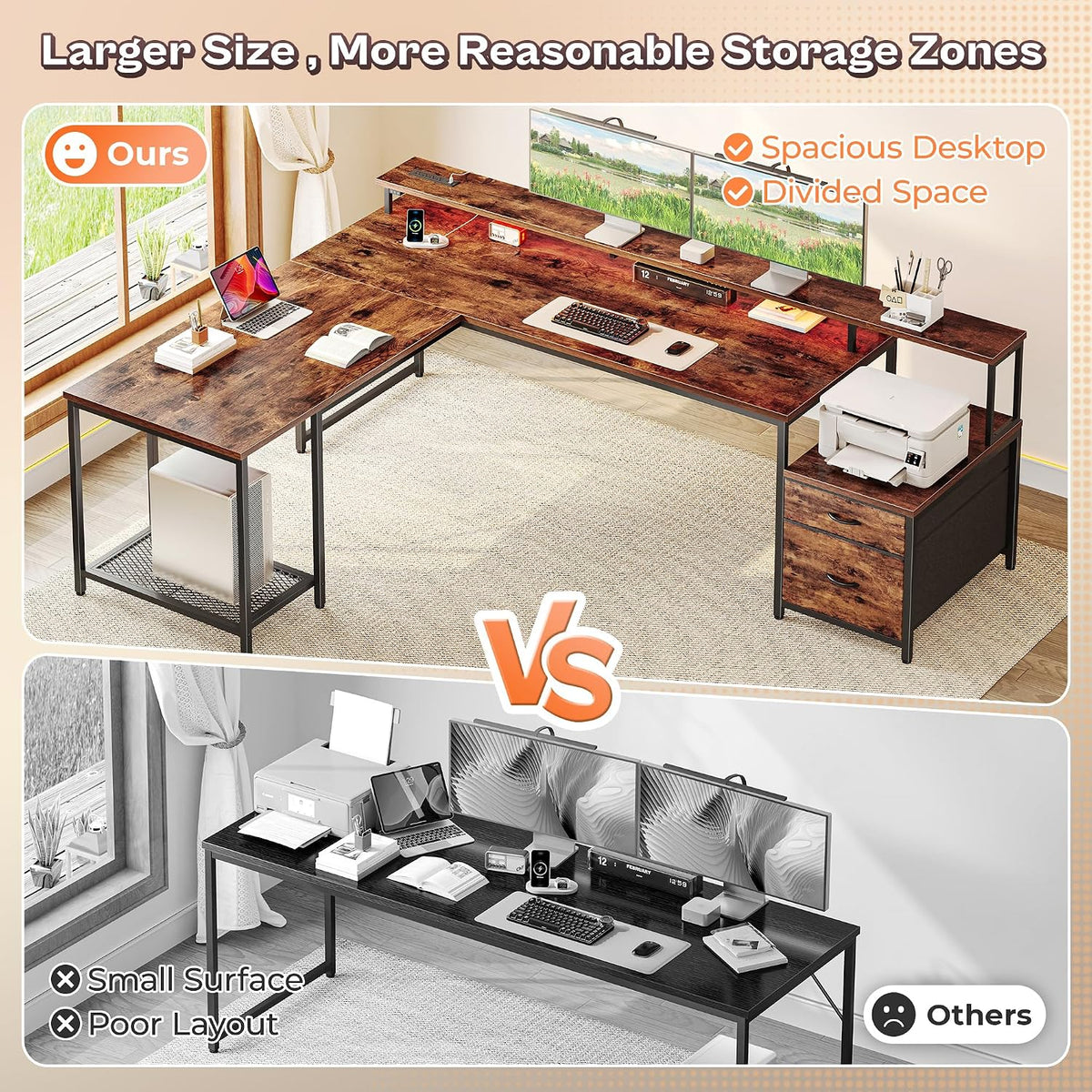 PRAISUN 66' L Shaped Gaming Desk with LED Lights & Power Outlets, Computer Desk with Fabric Drawers and Print Stand, Corner Office Desk, Monitor Stand, Mesh CPU Stand, Rustic Brown