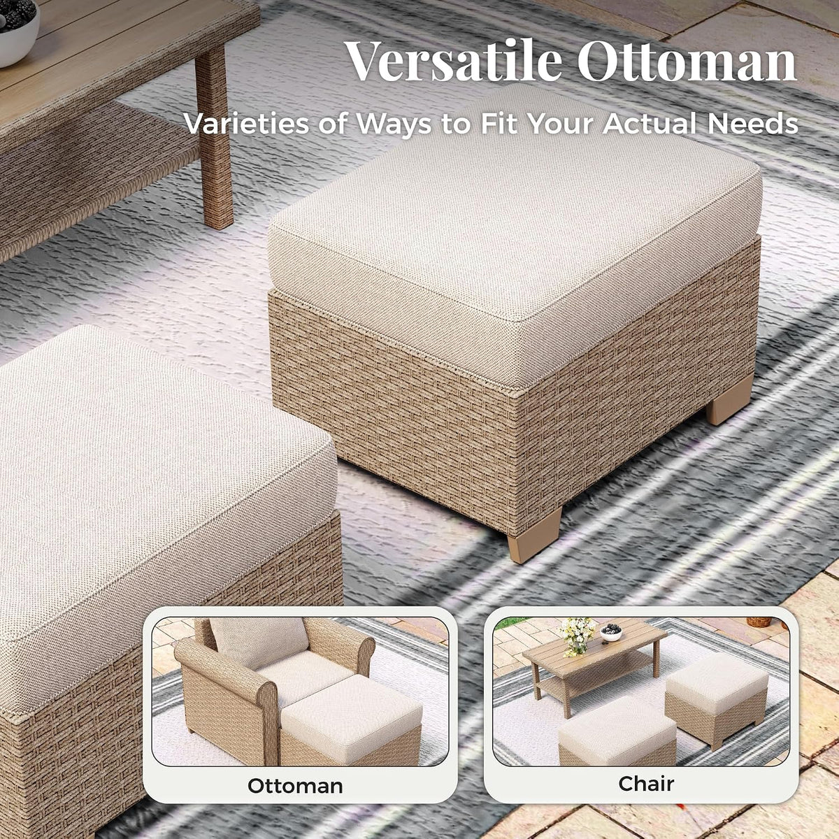 MIXPATIO Patio Furniture Set 5 pcs, Wicker Outdoor Patio Furniture, 3-Seat Sofa, 2 Single Chairs and 2 Ottomans, Rattan Patio Conversation Set for Backyard Deck, Beige