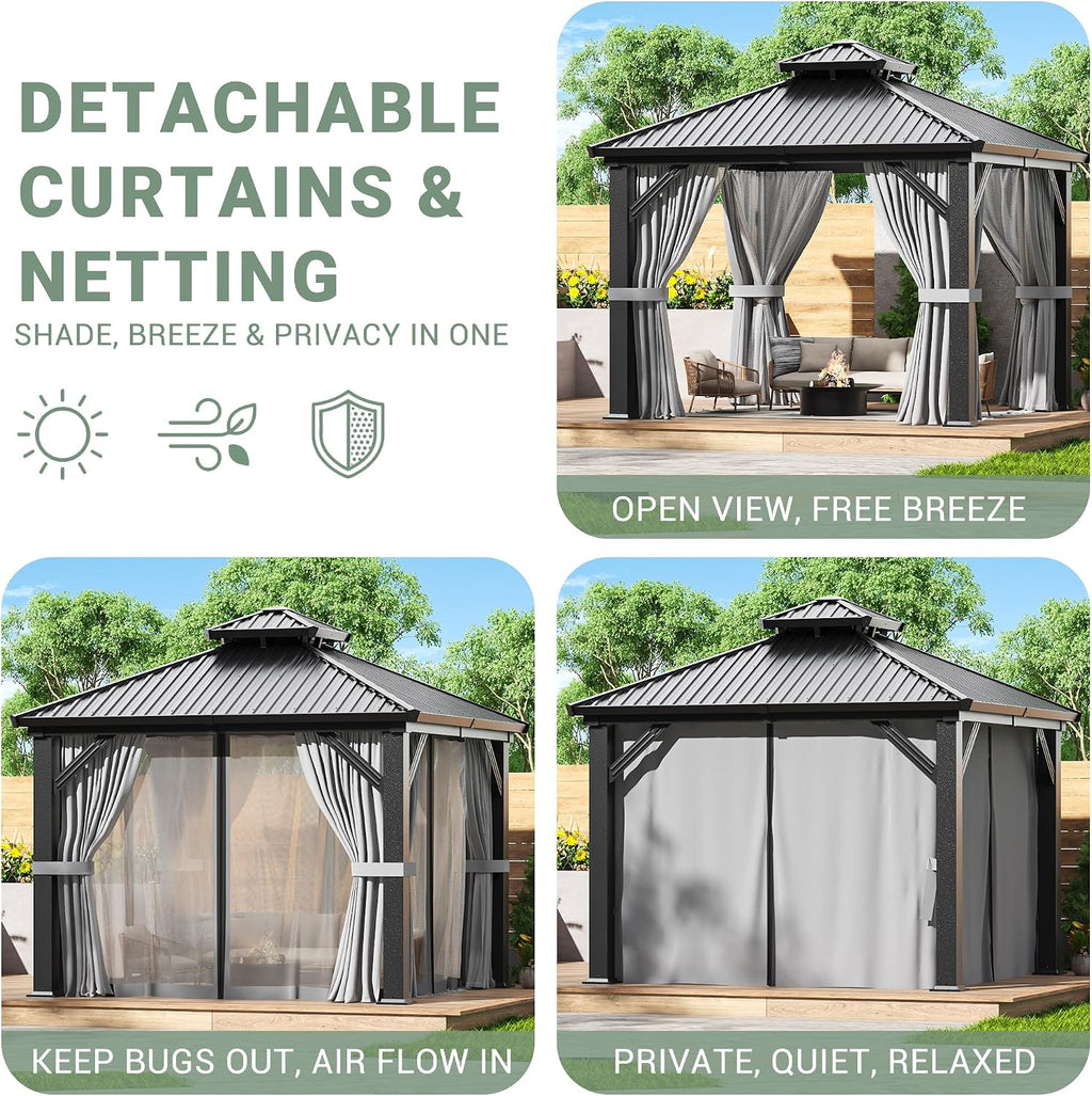 AirWire 10'x10' Outdoor Gazebo Hardtop Grill Gazebo Aluminum Galvanized Steel Double Roof Outdoor Pergola Include Curtain and Netting for Backyard, Patio, Lawn