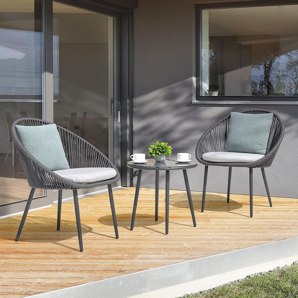 NUU GARDEN 3 Piece Outdoor Bistro Set, Woven Rope Conversation Patio Set, All Weather Patio Furniture Chairs and Table with Cushions for Garden, Deck, Backyard, Balcony, Porch, Dark Gray