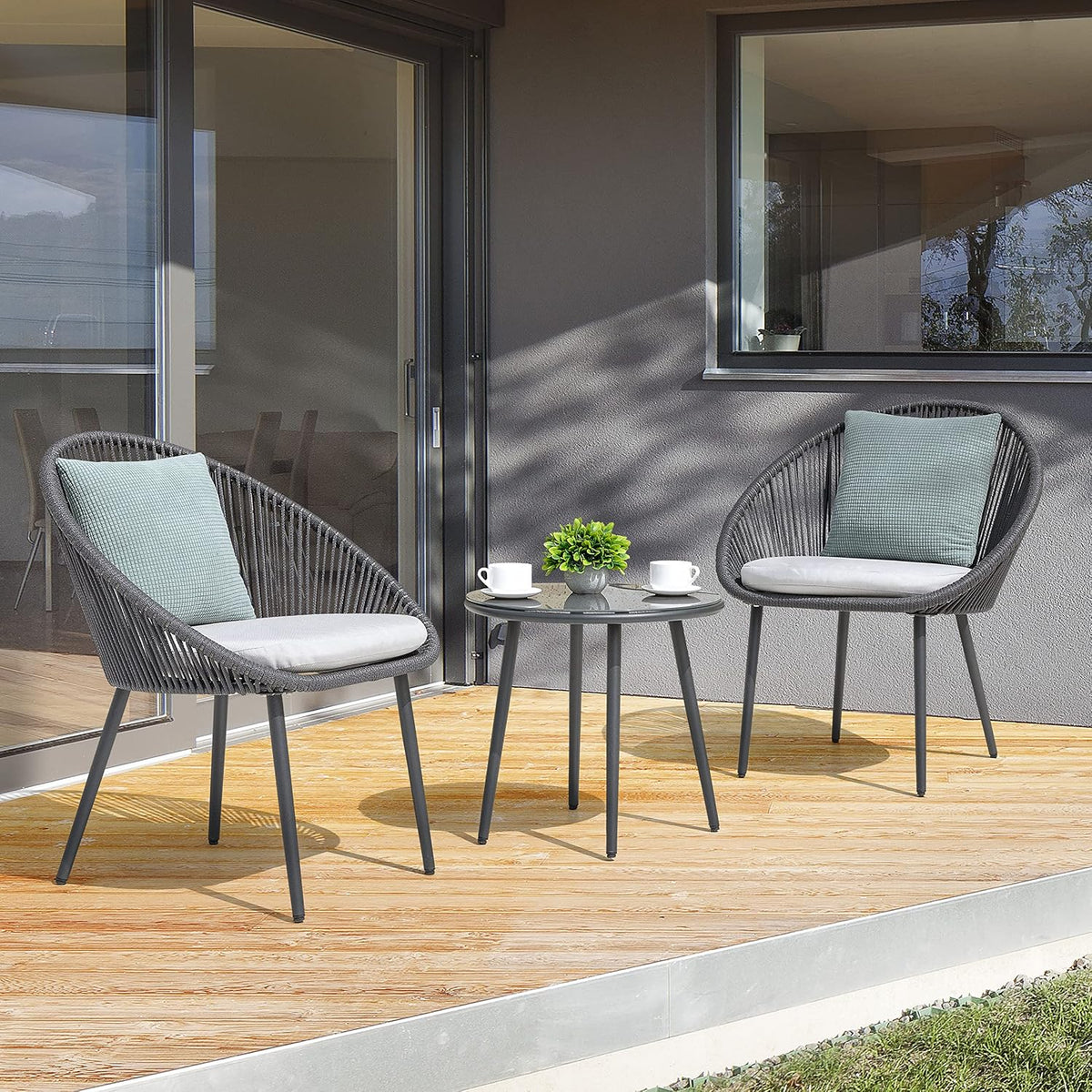 NUU GARDEN 3 Piece Outdoor Bistro Set, Woven Rope Conversation Patio Set, All Weather Patio Furniture Chairs and Table with Cushions for Garden, Deck, Backyard, Balcony, Porch, Dark Gray