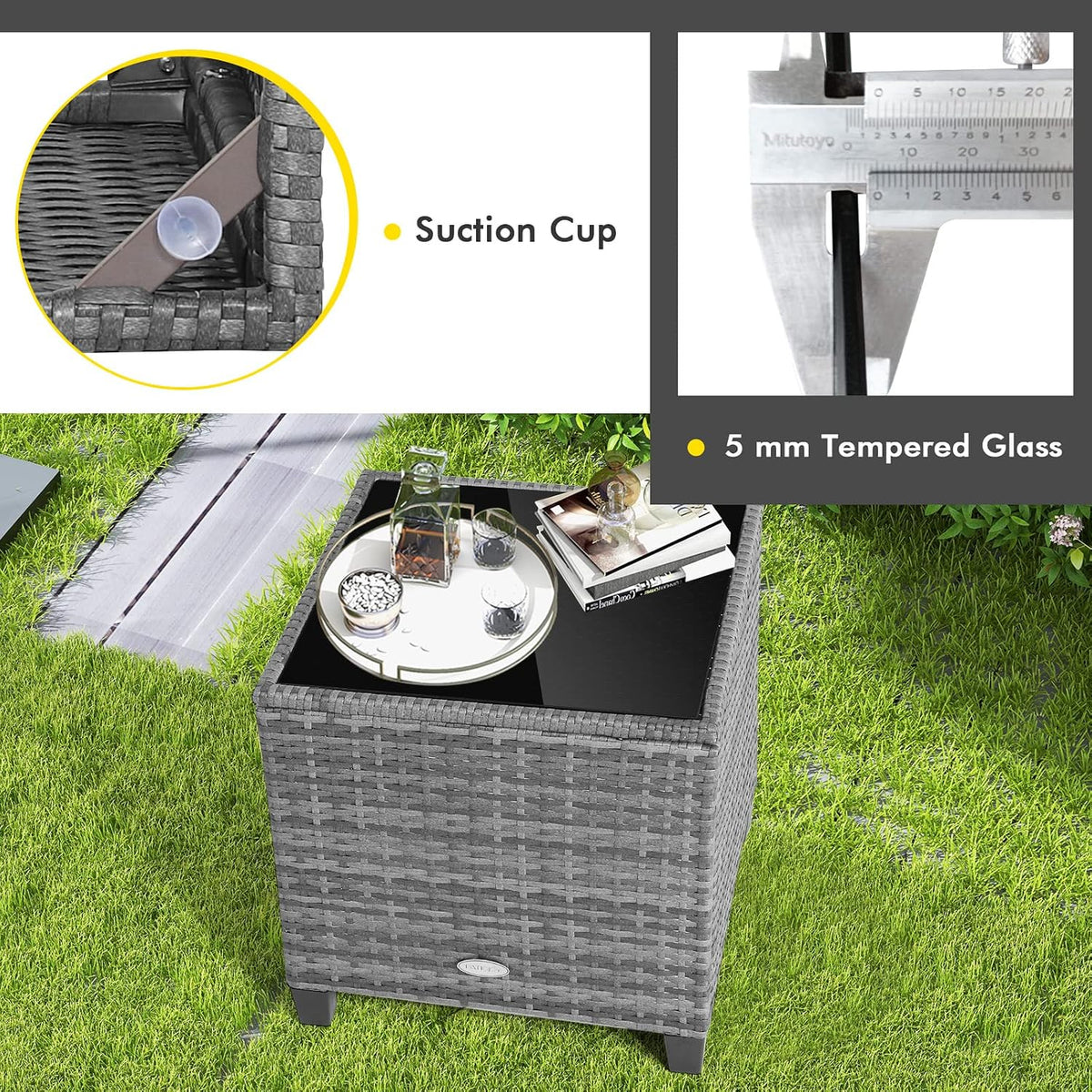 HAPPYGRILL 3 Pieces Patio Conversation Set, Outdoor Furniture Set PE Rattan Sofa Set with Removable Cushions, PE Wicker Chairs with Tempered Glass Side Table for Porch Lawn Garden Balcony Backyard