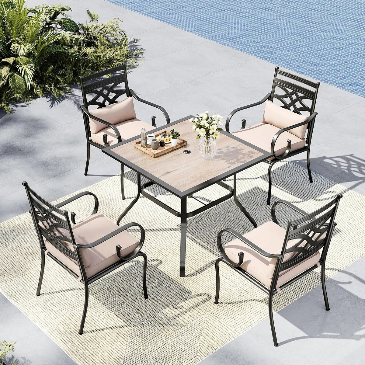 MFSTUDIO Patio Table and Chairs Set of 4, Patio Dining Sets for 4 with Umbrella Hole, Outdoor Dining Set for Deck, Poolside, Backyard, Garden