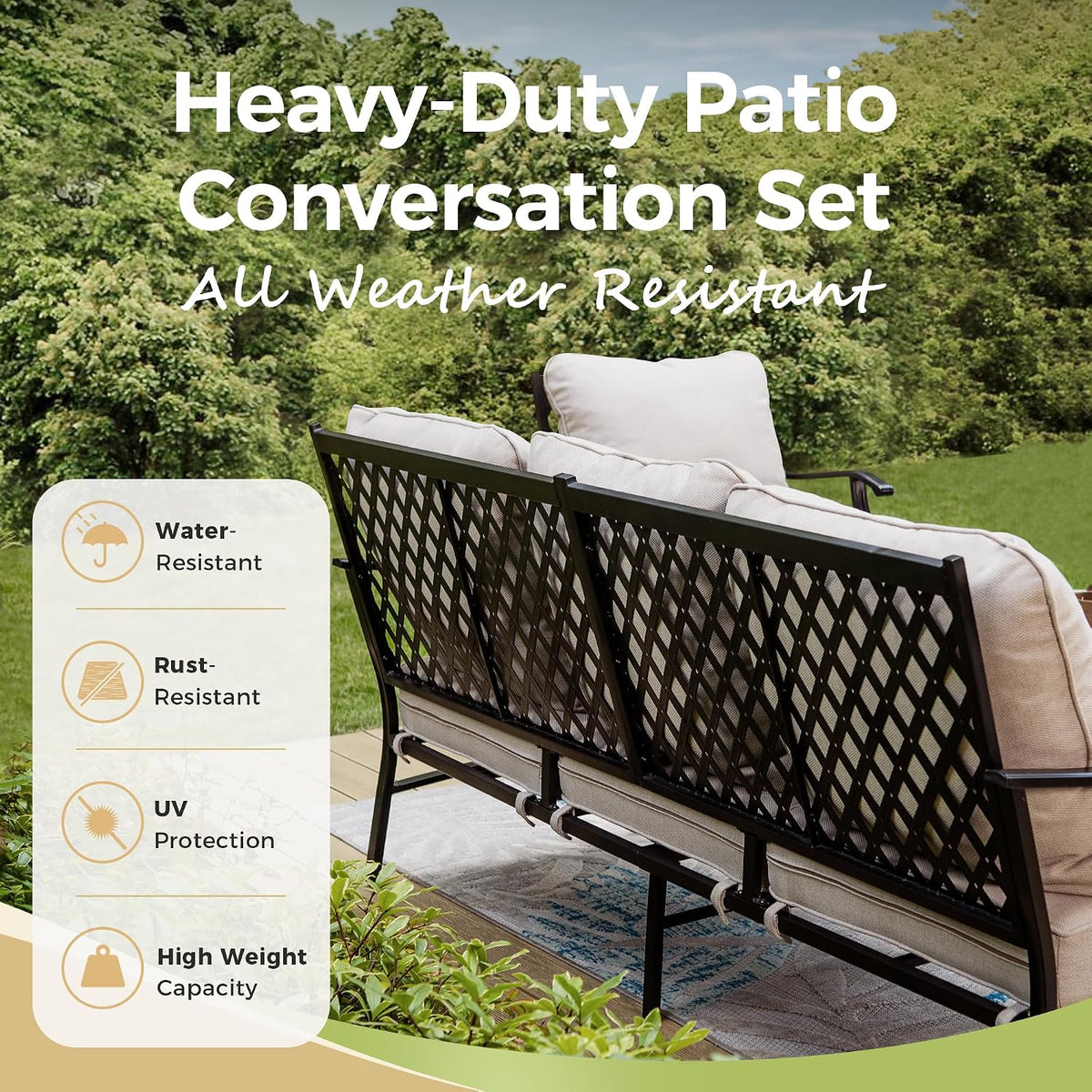 MIXPATIO Patio Furniture Set with Firepit Table, 4 Pcs Metal Outdoor Conversation Set, 2 Single Chairs and 3 Seater Sofa with 5.75' Extra Thick Cushion and Gas Fire Pit Table for Backyard Deck, Beige