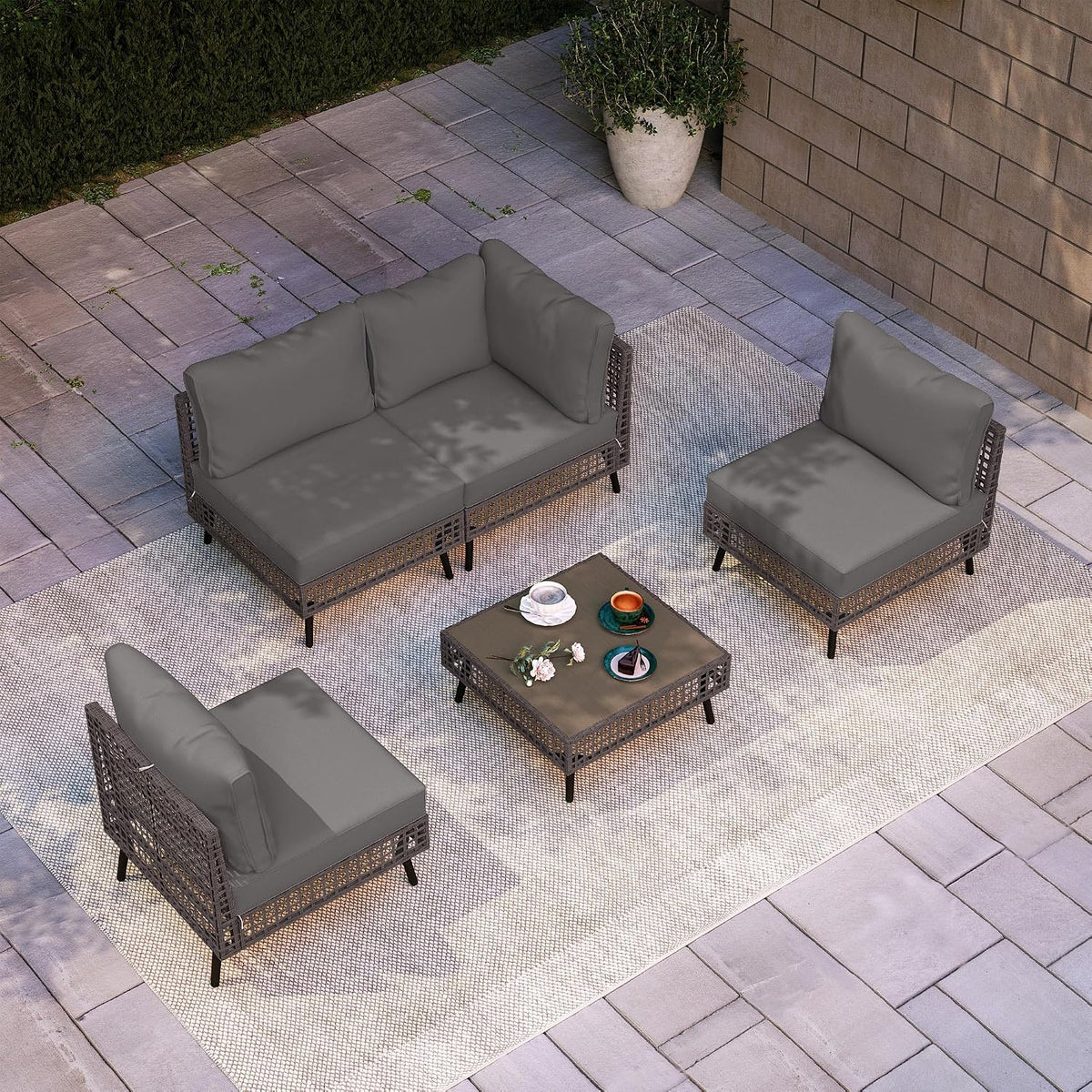LAUSAINT HOME 5 Pieces Outdoor Sectional Sofa Set, All-Weather PE Wicker Rattan Patio Conversation Set with Thick Cushions & Coffee Table, Patio Furniture Set for Garden, Backyard, Porch (Grey)