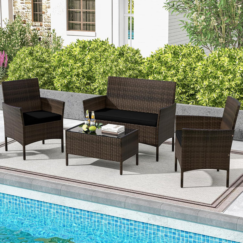 DORTALA Wicker Patio Furniture Set 4 Piece, Outdoor PE Rattan Table & Chairs Set with Tempered Glass Coffee Table, Loveseat, Cushions, Conversation Set for Balcony, Porch, Backyard, Deck, Black