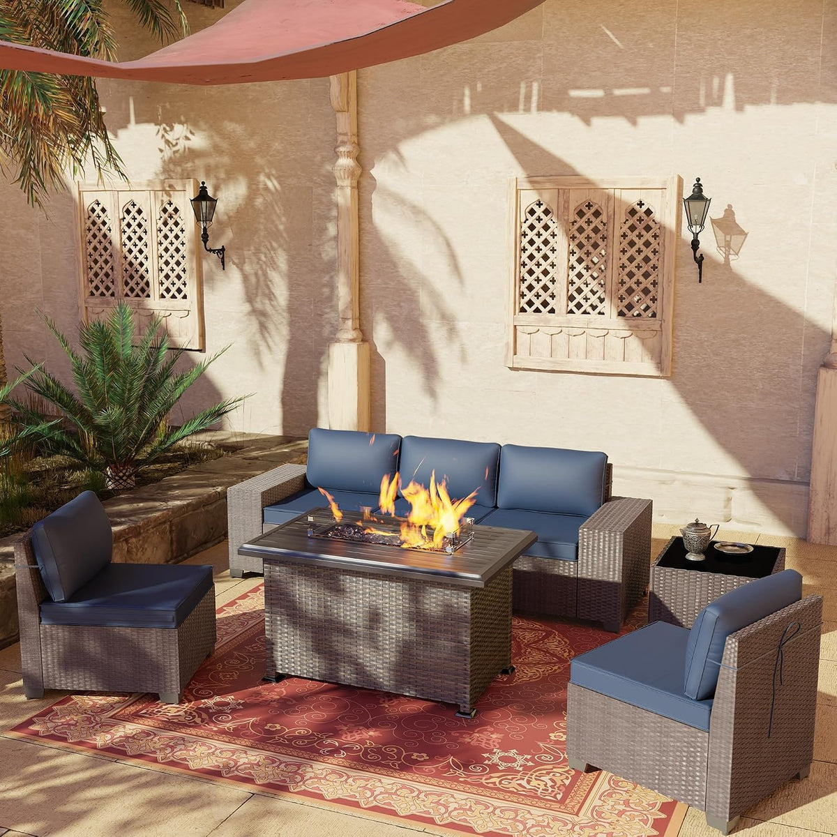 7 PCS Outdoor Patio Furniture Set,Outdoor Sectional Furniture with 43' 55000 BTU Gas Propane Fire Pit Table,All Weather PE Rattan Wicker Patio Conversation Set,Navy Blue