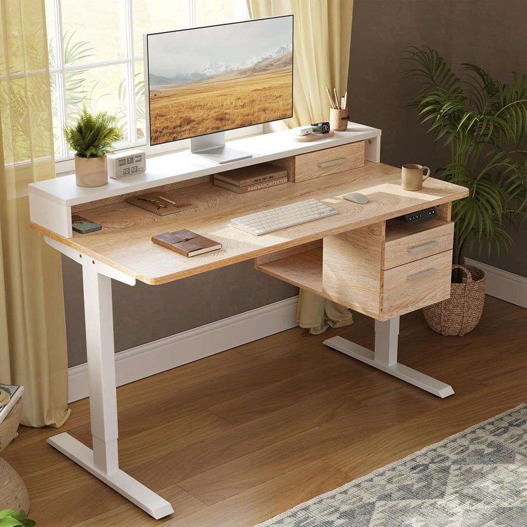 FEZIBO Standing Desk with Wood Drawers, 48' x 24' Electric Height Adjustable Table with Monitor Shelf, 3 Drawers and Open Storage, Computer Home Office Sit and Stand up Workstation, Maple
