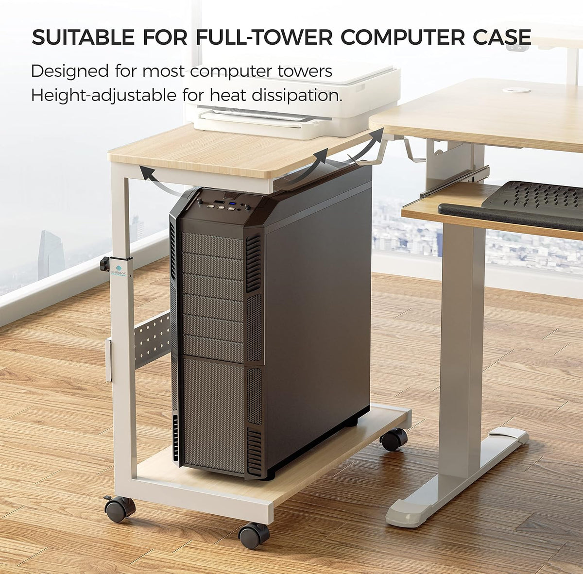 EUREKA ERGONOMIC PC Stand Computer Cart, Height Adjustable Tower Stand 2-Tier Suit for ATX Case Printer, Metal Rolling Cart on Wheels for Gaming Home Office, Maple