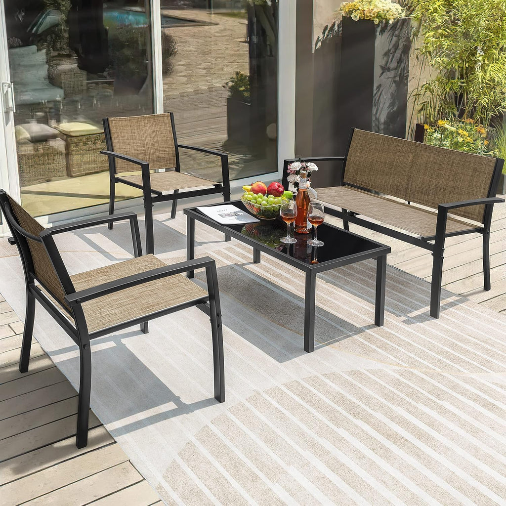 Flamaker 4 Pieces Patio Furniture Outdoor Furniture Set Textilene Bistro Set Modern Conversation Set Black Bistro Set with Loveseat Tea Table for Home, Lawn and Balcony (Yellow)