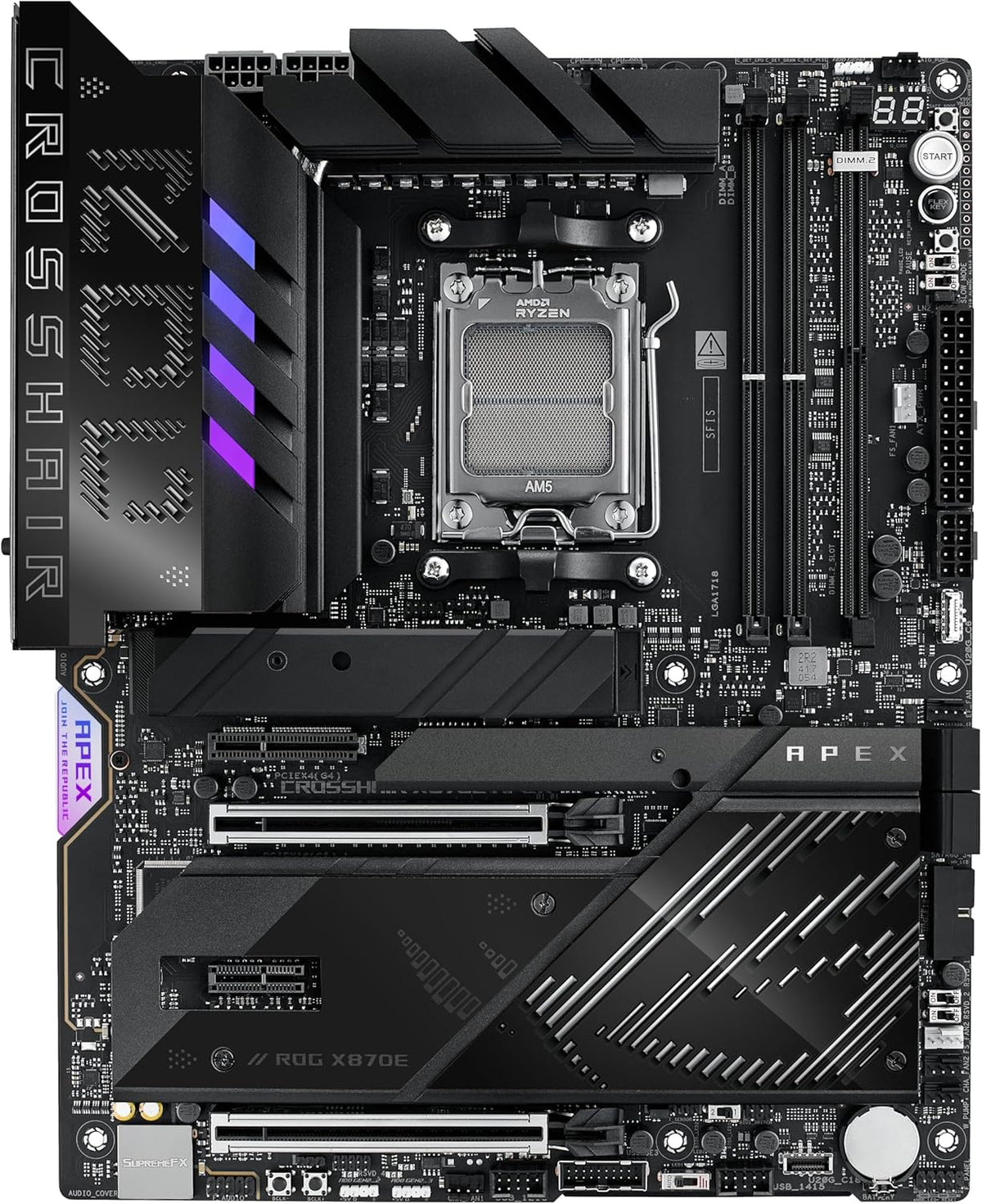 ASUS ROG Crosshair X870E APEX AMD X870E AM5 ATX Motherboard, Advanced AI PC-Ready, 18+2+2 Stages, DDR5, ROG Memory Fan, ROG DIMM.2 Card, Wi-Fi 7, 5G LAN, 3X M.2, PCIe® 5.0, USB4®, USB Type-C®, AI OC