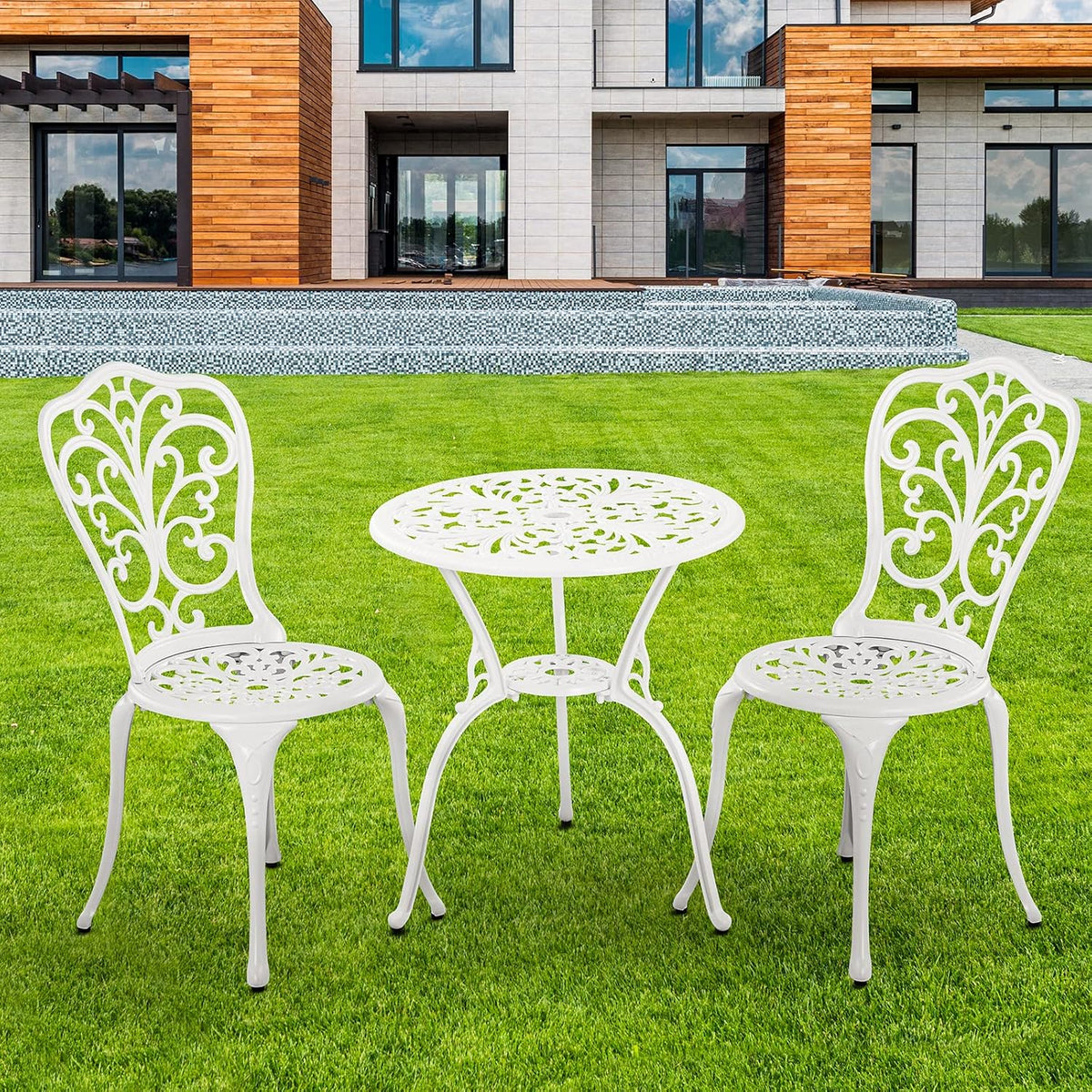 Patio Bistro Sets, Cast Aluminum Bistro Table and Chairs Set of 2 with Umbrella Hole, Bistro Set 3 Piece Outdoor, Metal Patio Furniture Set for Garden Porch, White