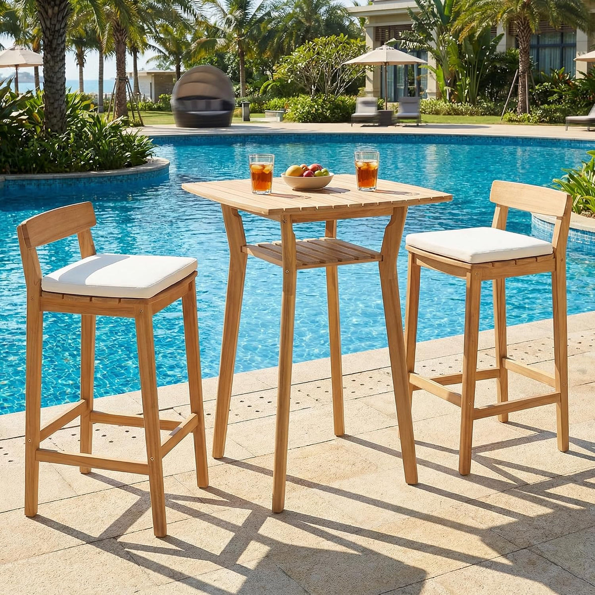 3 Piece Outdoor Patio Bar Set, Acacia Patio Furniture Set, High Top Patio Table and Chairs, 28.5' Bar Height Patio Bistro Set with Cushions, Patio Conversation Set for Balcony/Yard, Beige