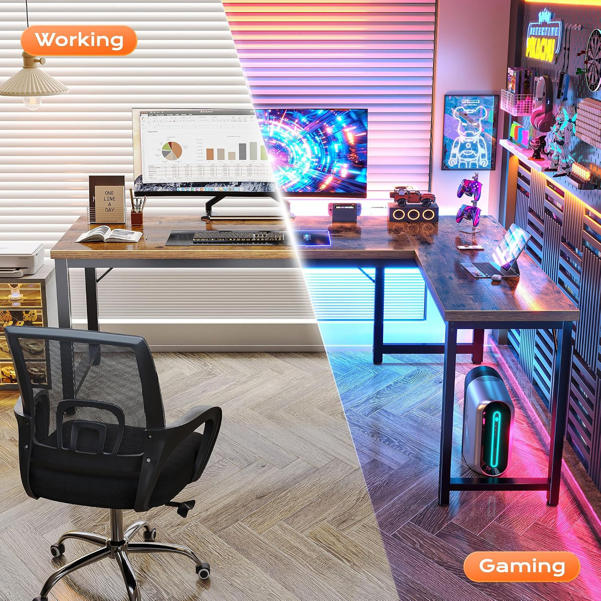 Huuger 63 Inch L Shaped Desk with 0.95 Inch Thicker Desktop, Reversible Computer Desk, Larger Corner Office Gaming Desk, Robust Metal Frame, for Home Office, Rustic Brown
