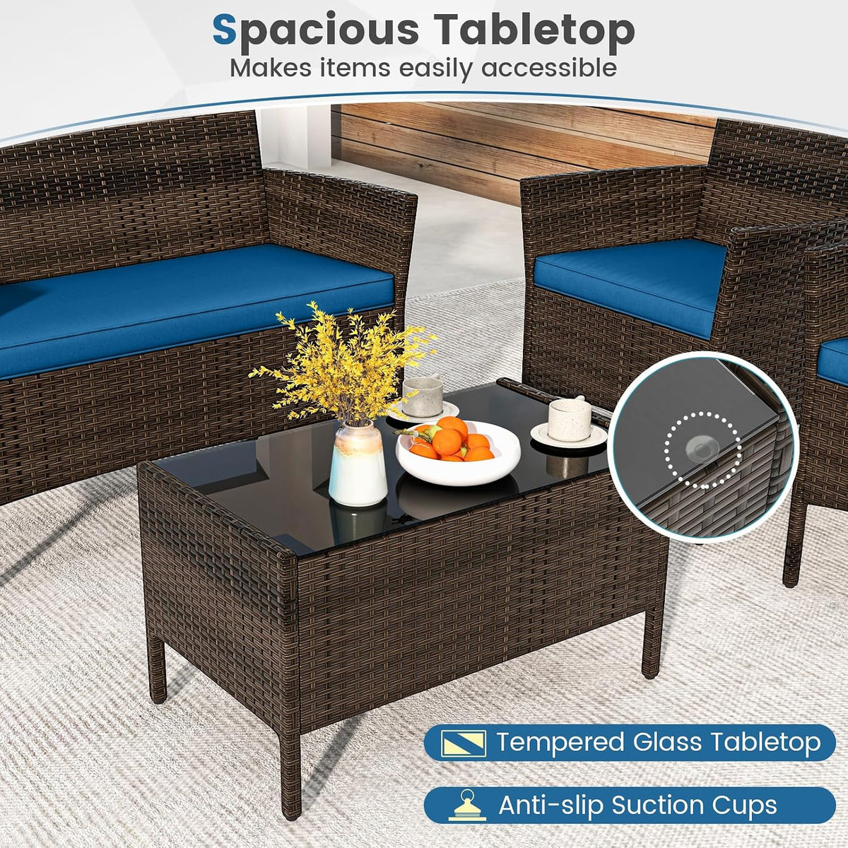 DORTALA Wicker Patio Furniture Set 4 Piece, Outdoor PE Rattan Table & Chairs Set with Tempered Glass Coffee Table, Loveseat, Cushions, Conversation Set for Balcony, Porch, Backyard, Deck, Peacock Blue