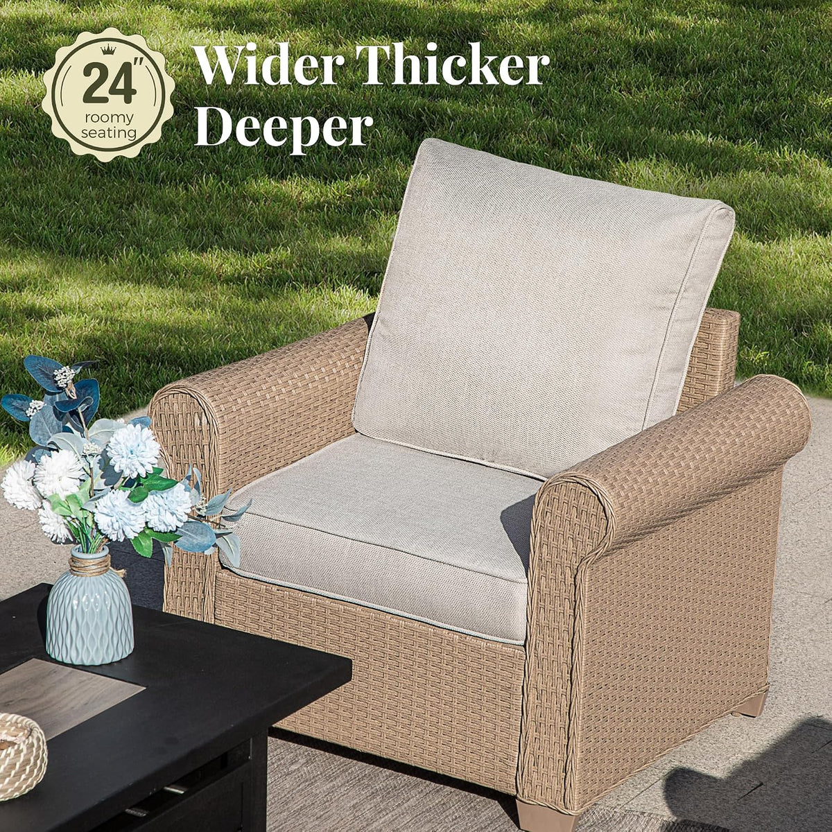 MIXPATIO Patio Furniture Set 5 pcs, Wicker Outdoor Patio Furniture, 3-Seat Sofa, 2 Single Chairs and 2 Ottomans, Rattan Patio Conversation Set for Backyard Deck, Beige