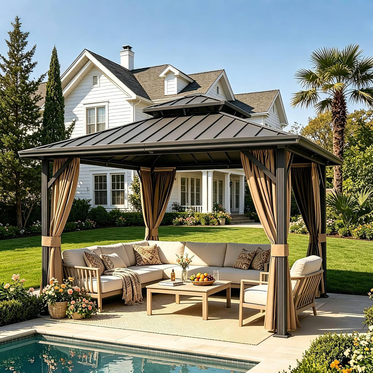 10x10 ft Hardtop Gazebo Outdoor Aluminum Patio Gazebo Double Roof Galvanized Steel Canopy with Netting and Curtains for Garden, Backyard,Deck and Lawns