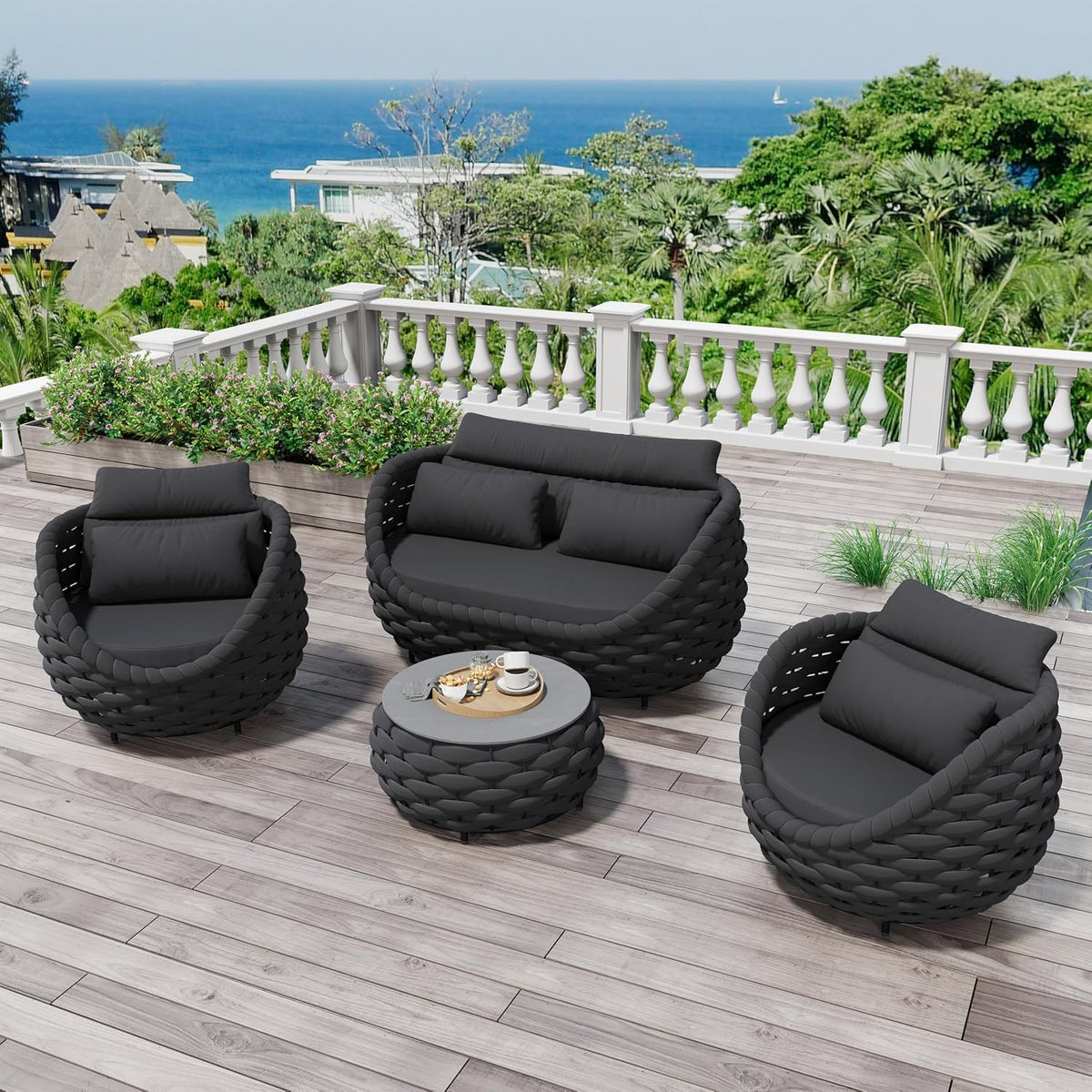 4 Pieces Outdoor Patio Furniture Set, All Weather Textilene Patio Conversation Set Patio Sofa and Loveseat Set with Table Cushions for Bistro Poolside Garden Backyard Hotel - Dark Gray