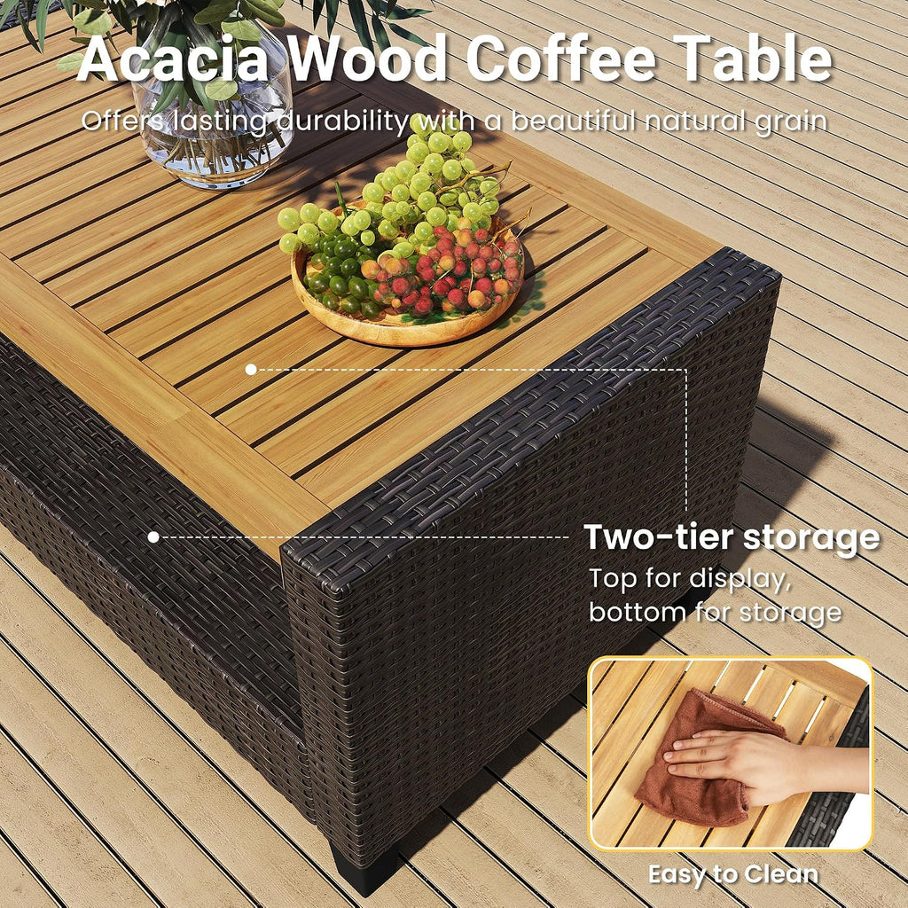 Green4ever Patio Conversation Sets, Wicker Outdoor Patio Furniture Set, 4 Pieces All Weather Rattan Patio Sofa with Wood Coffee Table and Thick Cushions, Beige