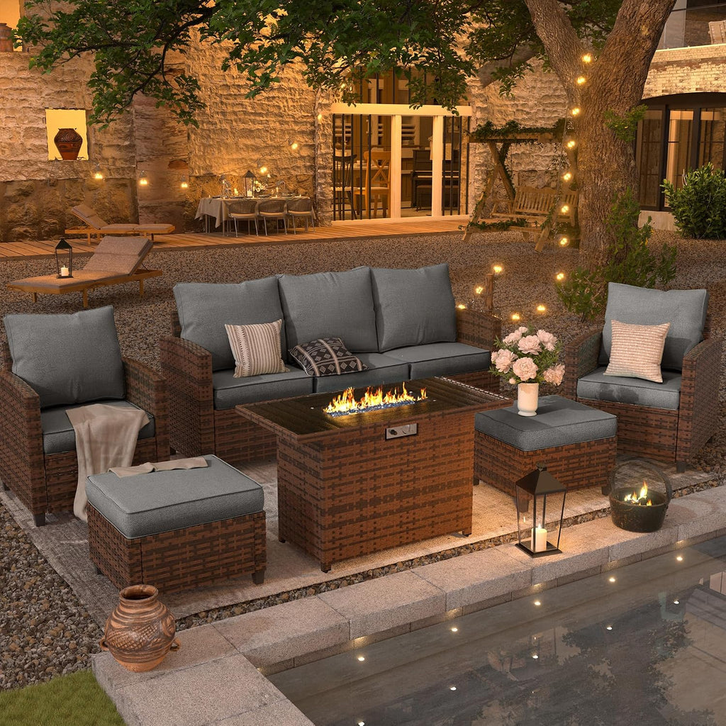 UDPATIO Outdoor Patio Furniture Set with 44' Fire Pit Table, 6 Pieces Sectional Conversation Sets, All-Weather Wicker Rattan Sofa Ottoman with 4' Thick Cushion for Garden Backyard Deck, Dark Grey