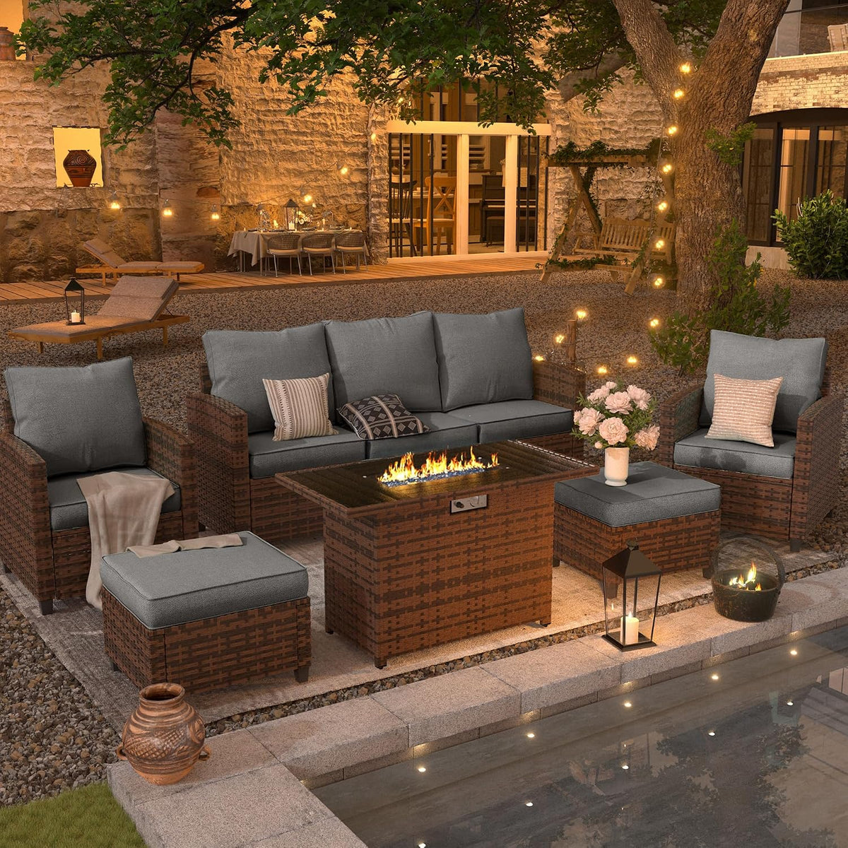 UDPATIO Outdoor Patio Furniture Set with 44' Fire Pit Table, 6 Pieces Sectional Conversation Sets, All-Weather Wicker Rattan Sofa Ottoman with 4' Thick Cushion for Garden Backyard Deck, Dark Grey