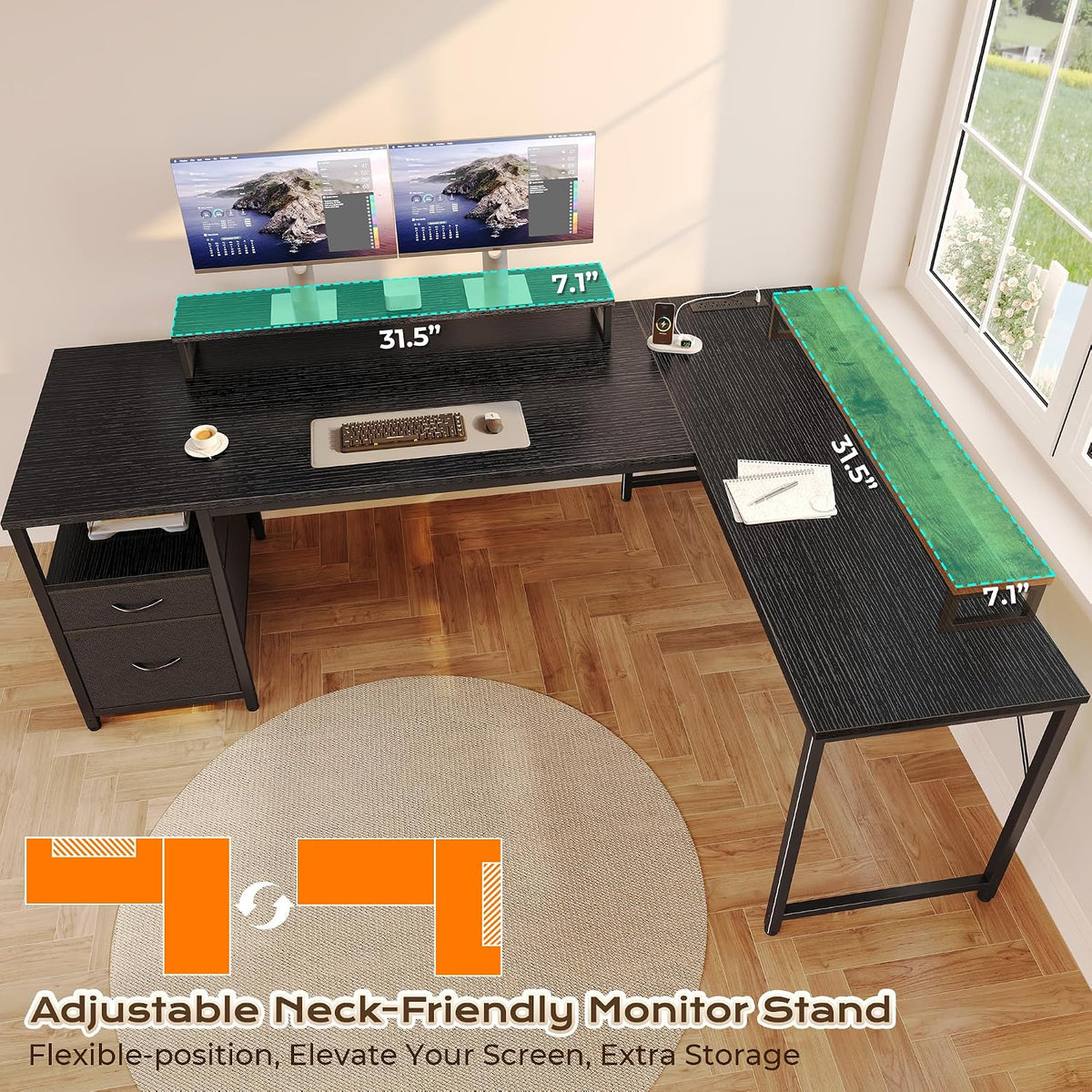 PRAISUN 63 Inch L Shaped Desk with Power Outlets and USB-C Port, Computer Corner Home Office Desk with File Fabric Drawers and Movable Monitor Stand, Larger Storage, Gaming, Writing, Work, Black