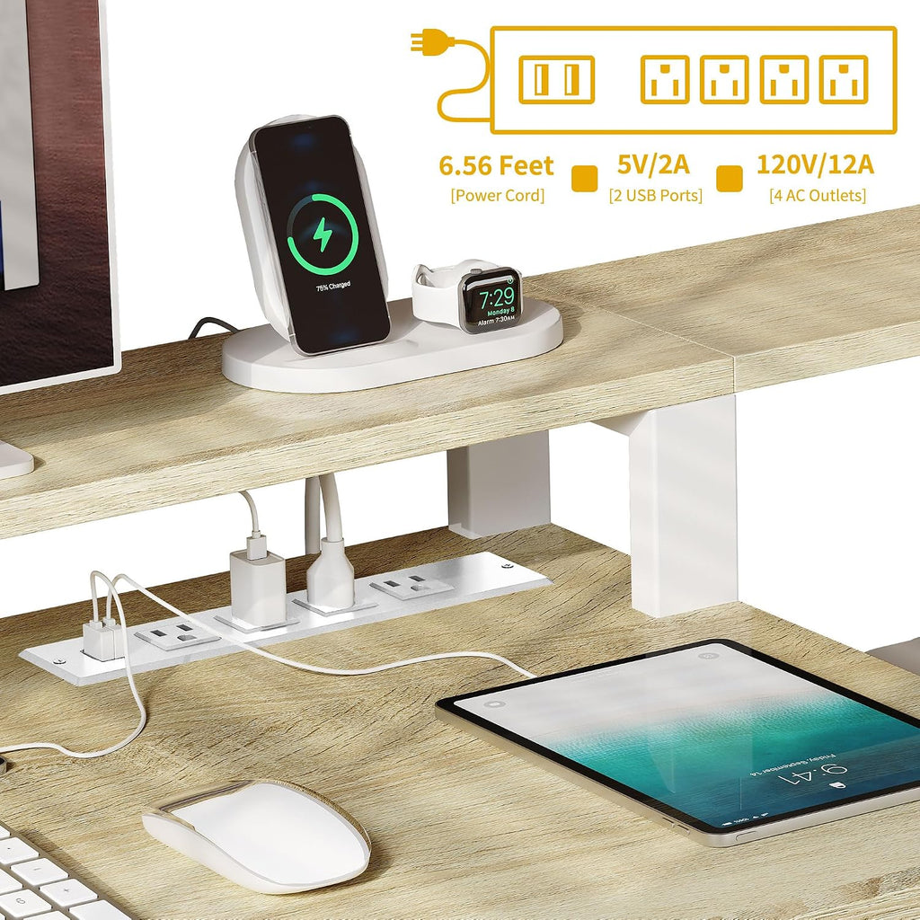 DWVO L Shaped Desk with Drawers, 65' Computer Desk with Power Outlets & LED Lights, Corner Home Office Desk with Storage Shelves & Printer Stand, White & Oak