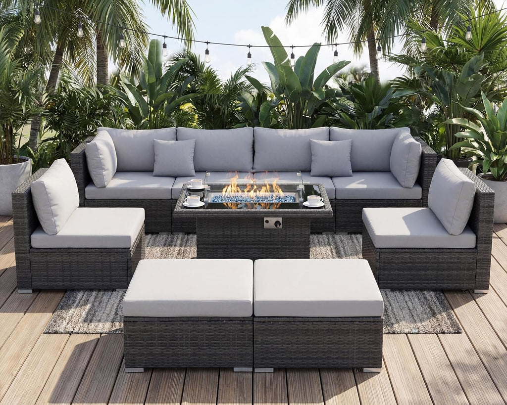 NICESOUL 29.3'' High Back Outdoor Patio Conversation Set with Firepit Natural Gas Propane Convertible, Plus Size Modular Wicker Furniture Couches, 9 Piece Modern Deep Wide Sectional Sofa, Light Gray