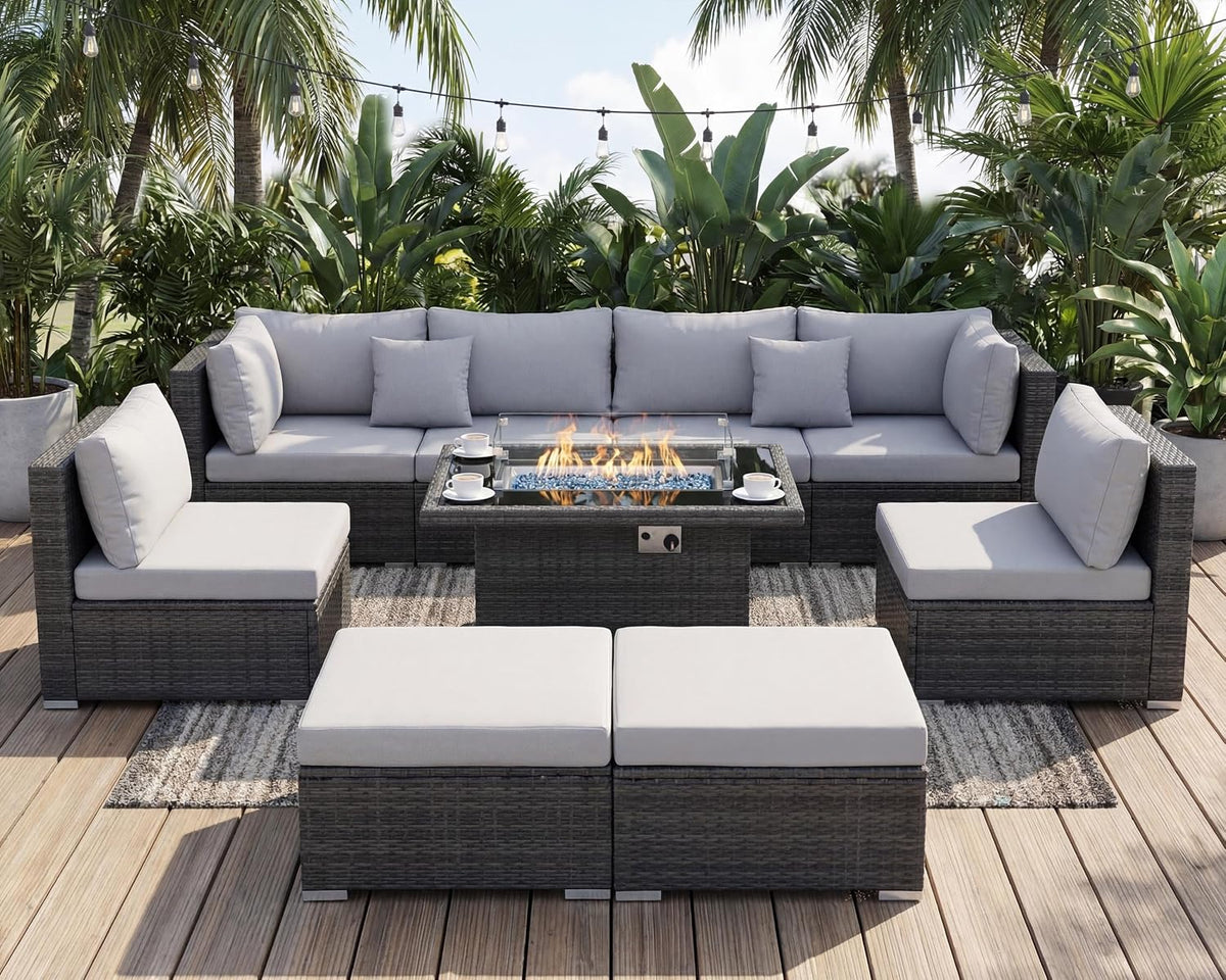 NICESOUL 29.3'' High Back Outdoor Patio Conversation Set with Firepit Natural Gas Propane Convertible, Plus Size Modular Wicker Furniture Couches, 9 Piece Modern Deep Wide Sectional Sofa, Light Gray