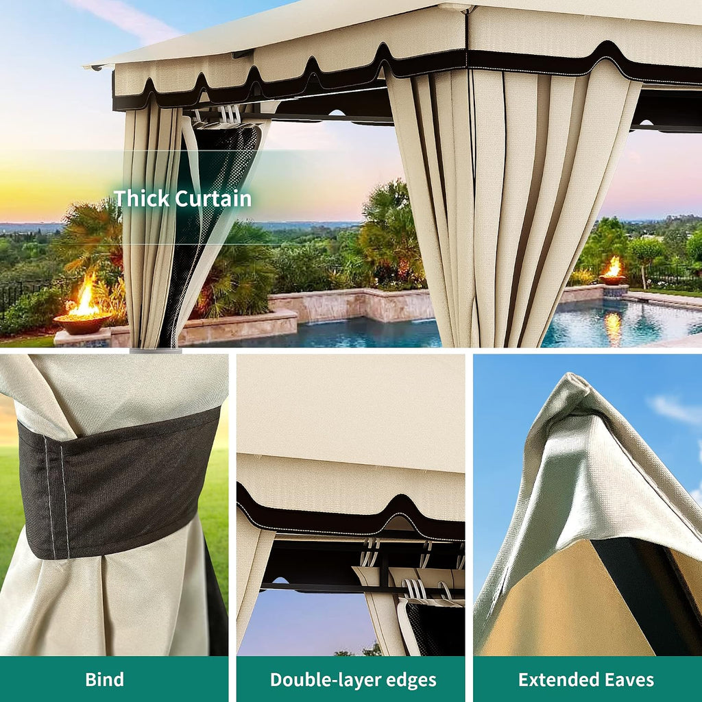 YITAHOME 10x12FT Patio Gazebo Event Shelters Outdoor Double Roof Canopy Gazebo w/Netting & Curtains, Soft Fabric Top Garden Winds Tent with Steel Frame Privacy Screens for Backyard, Garden, Lawn