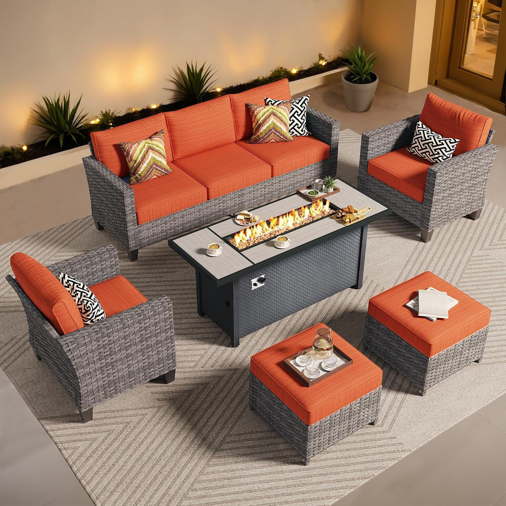 ovios 6 Pieces Patio Furniture Set with 54' Fire Pit Table, Outdoor Wicker Sofa with Comfy Cushions, All Weather High Back Rattan Couch Conversation Set, Orange Red