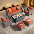 ovios 6 Pieces Patio Furniture Set with 54' Fire Pit Table, Outdoor Wicker Sofa with Comfy Cushions, All Weather High Back Rattan Couch Conversation Set, Orange Red