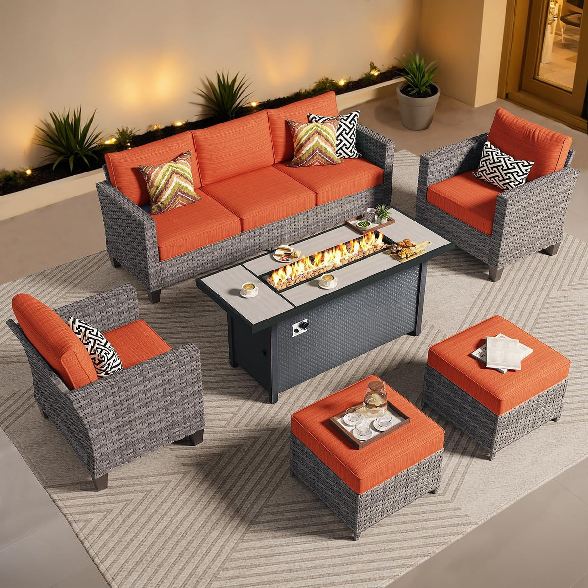 ovios 6 Pieces Patio Furniture Set with 54' Fire Pit Table, Outdoor Wicker Sofa with Comfy Cushions, All Weather High Back Rattan Couch Conversation Set, Orange Red