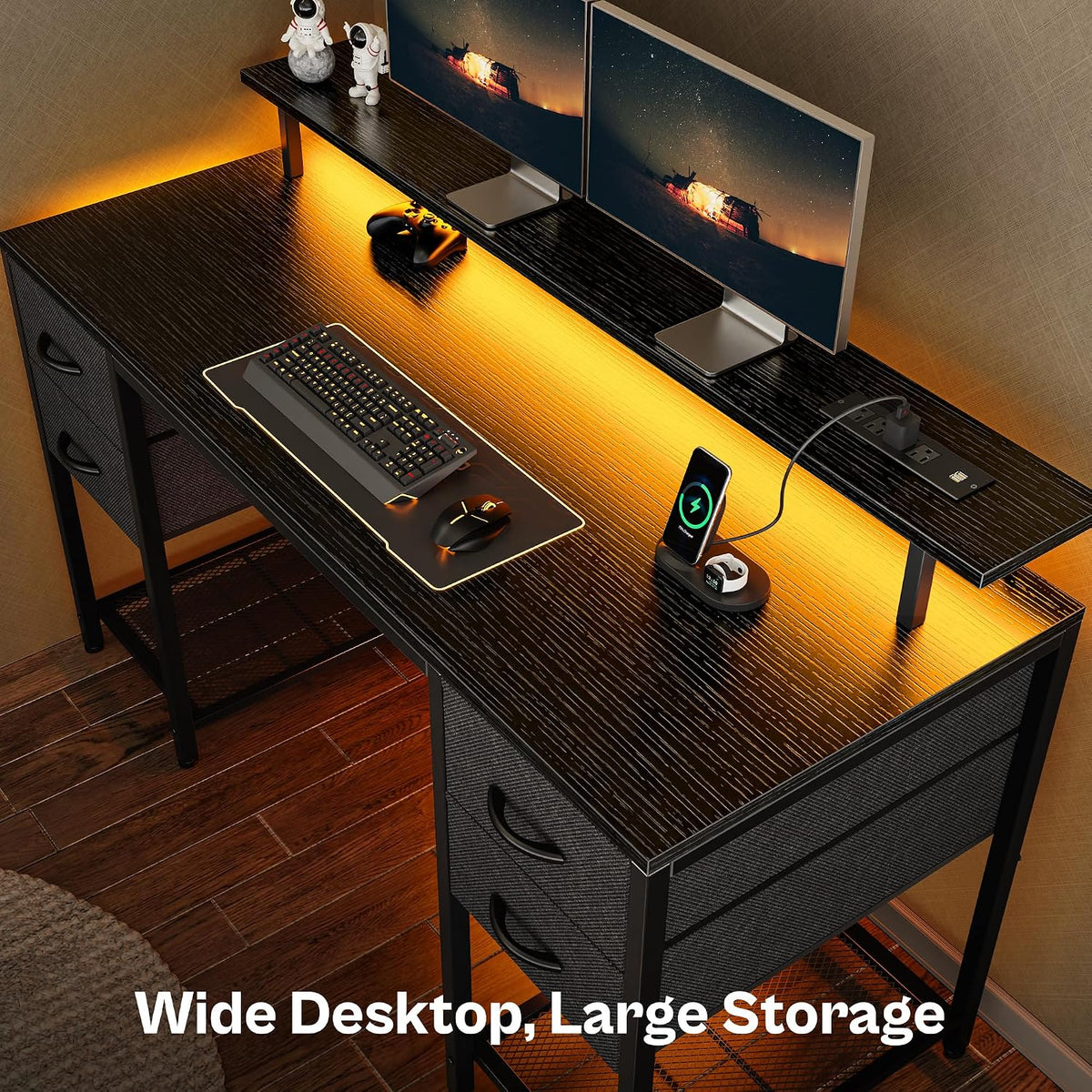 Huuger 55 inch Computer Desk with 4 Drawers, Gaming Desk with LED Lights & Power Outlets, Home Office Desk with Large Storage Space for Bedroom, Work from Home, Black