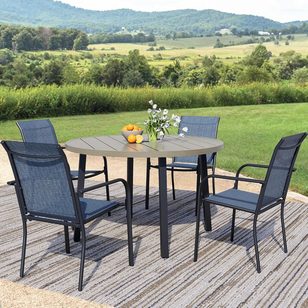 5-Piece Patio Furniture Set, Patio Table and Chairs Set of 4, Ivory Round Patio Table and Light Blue Chairs, Patio Furniture Set for Garden, Yard, Patio