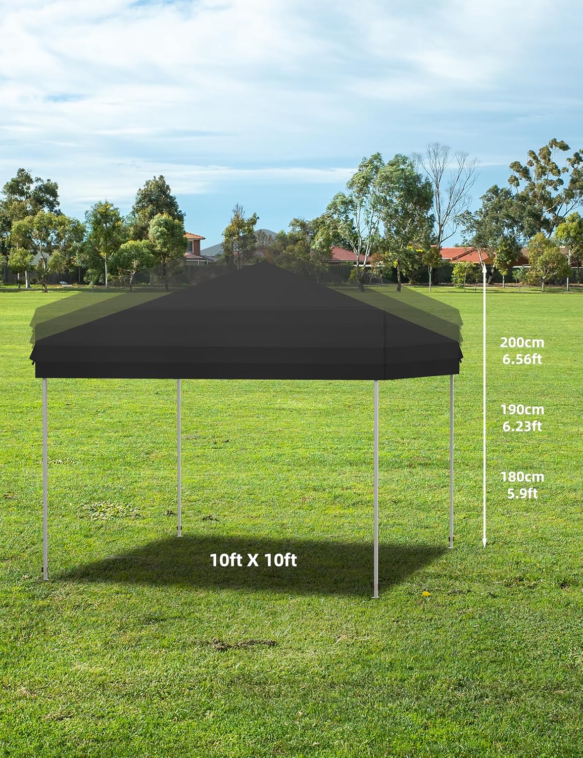 10x10 Pop Up Canopy with 3 Sidewalls - Outdoor Canopy Tent with Portable Roller Bag - One Button Push Setup, 3 Adjustable Height, 4 Weight Bags, 8 Stakes & 4 Guy Ropes Included, Black