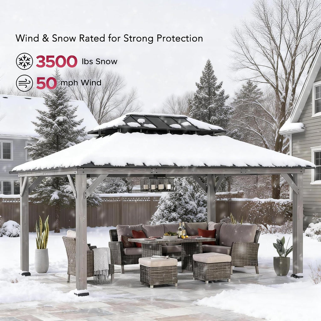 SUNJOY 12 x 16 ft. Wood Gazebo, Outdoor Patio Cedar Framed Steel Hardtop Gazebo with 2-Tier Metal Roof, Suitable for Patios, Lawn and Backyard, Matte Black Roof + Gray Wood Frame