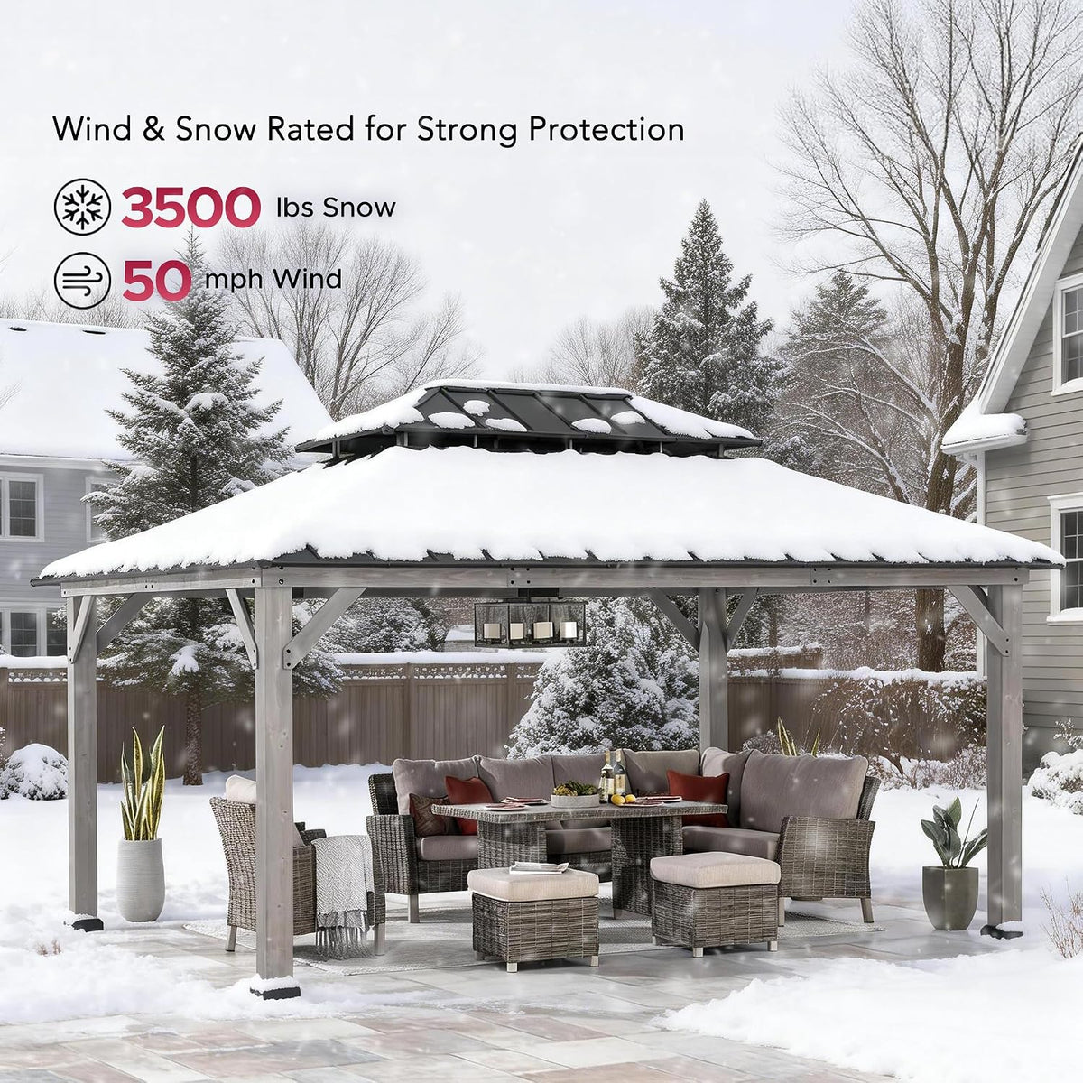 SUNJOY 12 x 16 ft. Wood Gazebo, Outdoor Patio Cedar Framed Steel Hardtop Gazebo with 2-Tier Metal Roof, Suitable for Patios, Lawn and Backyard, Matte Black Roof + Gray Wood Frame