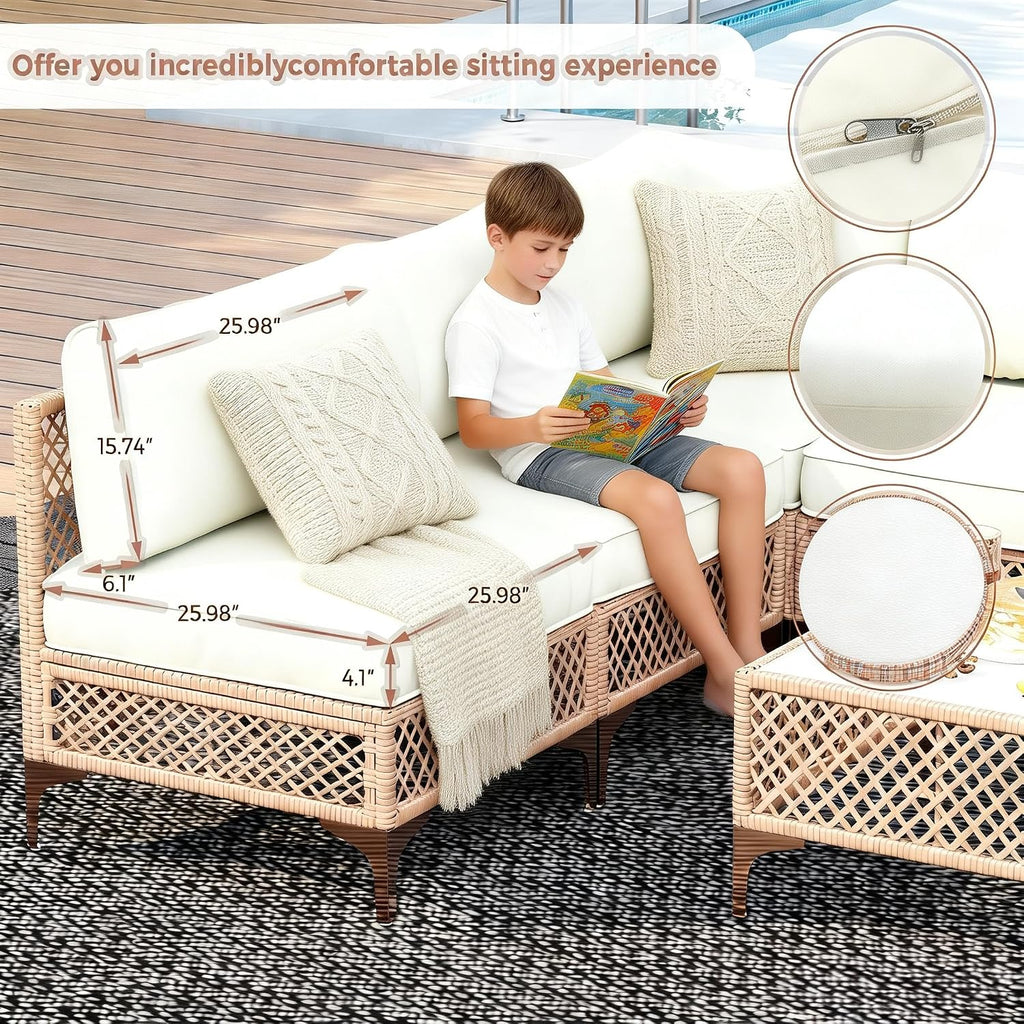 7-Piece Generous Patio Furniture Set, Wicker Outdoor Sectional Set with Large Tempered Glass Coffee Table, Boho Patio Conversation Couch Set with Thickened and Enlarged Cushion and Throw Cushion