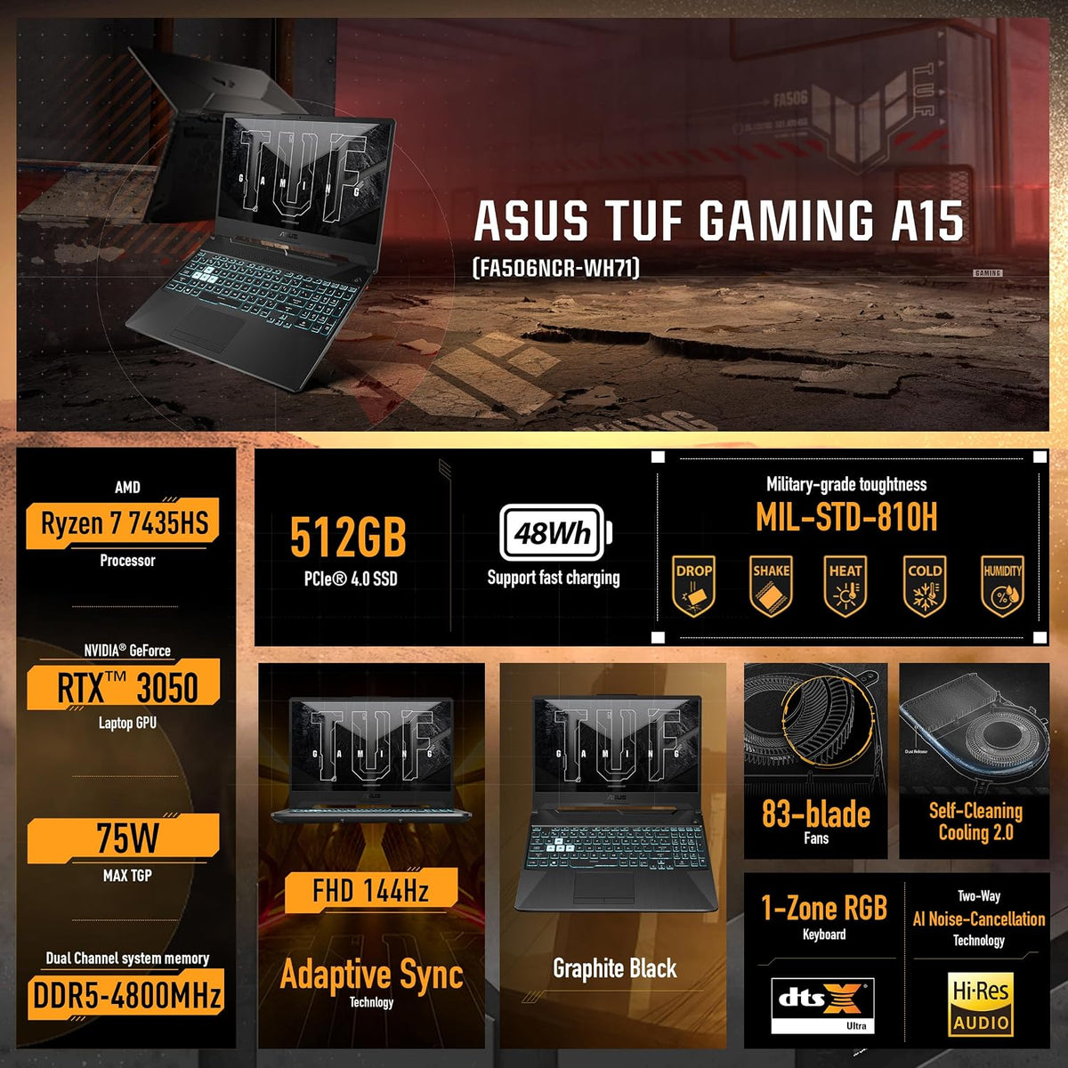 ASUS TUF A15 Gaming Laptop: 15.6' Full HD 144Hz Display, GeForce RTX 3050, AMD Ryzen 7 7435HS, 8GB DDR5 RAM, 512GB PCIe SSD, Wi-Fi 6, Windows 11