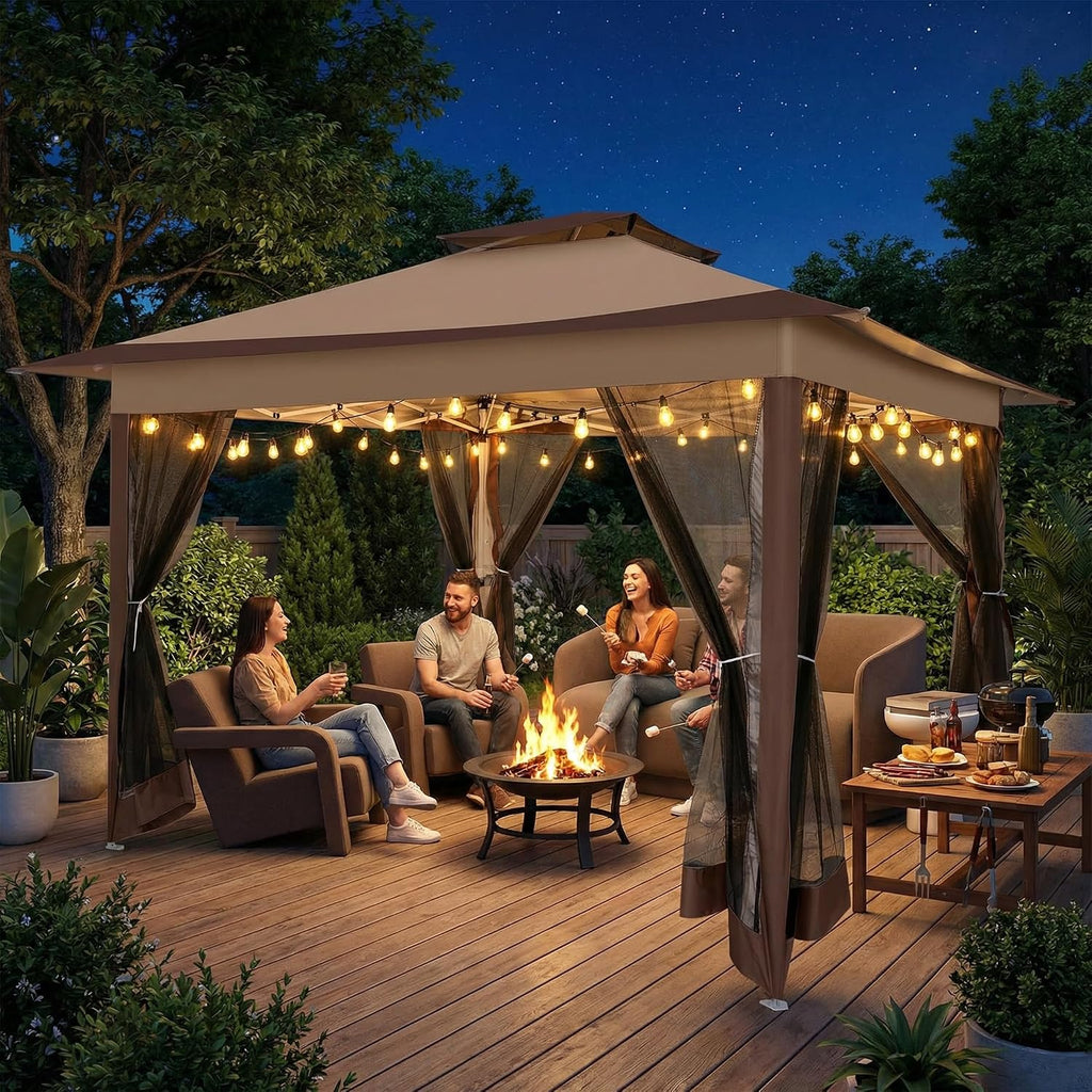 COBIZI 12x12 Pop Up Gazebos On Clearance - Upgrade Easy Up Metal Outdoor Gazebo Waterproof - Portable Gazebo with Mosquito Nettings, 4 Ropes 8 Stakes and Carry Bag for Patio Garden(Coffee)