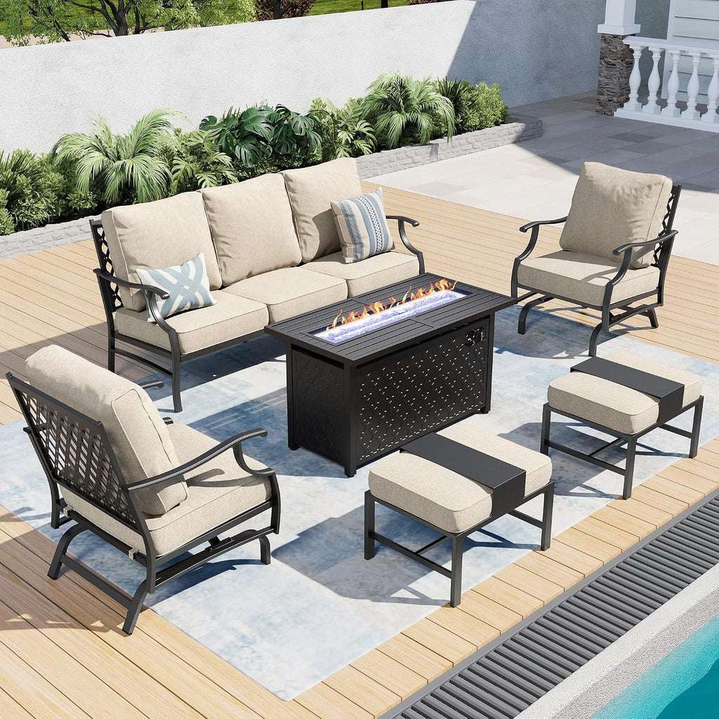SUNSHINE VALLEY Patio Furniture Set with Firepit Table, Metal Outdoor Patio Furniture, 2 Rocking Chairs, 3 Seater Sofa, 2 Ottomans with 5.75' Extra Thick Cushion and Gas Firepit Table for Backyard
