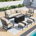 SUNSHINE VALLEY Patio Furniture Set with Firepit Table, Metal Outdoor Patio Furniture, 2 Rocking Chairs, 3 Seater Sofa, 2 Ottomans with 5.75' Extra Thick Cushion and Gas Firepit Table for Backyard