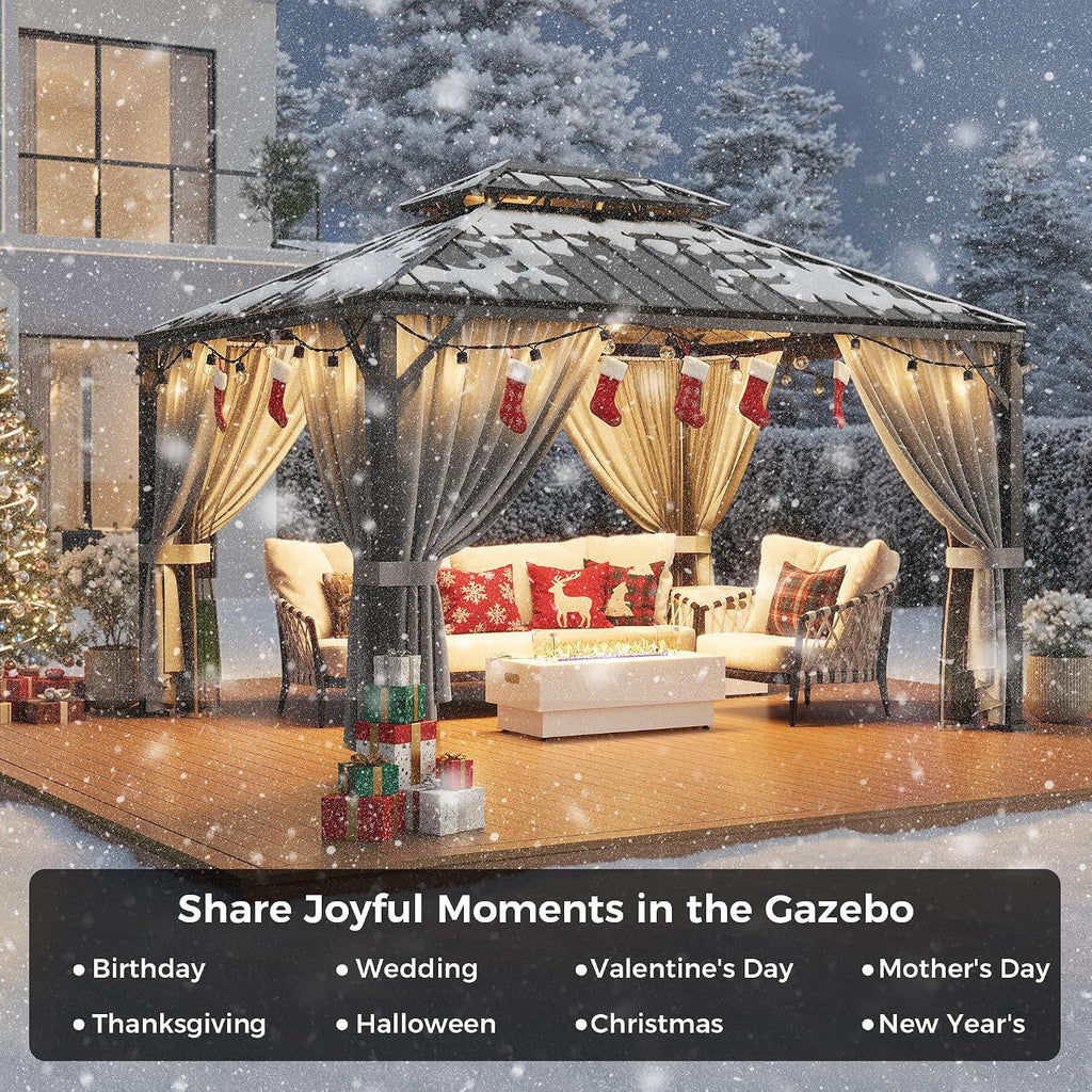 IRONCK 10'x12' Outdoor Hardtop Gazebo, Aluminum Patio Gazebo with Galvanized Steel Double Roof, Patio Pergola with Net and Curtain, Backyard Canopy for Garden, Deck, Black Gray